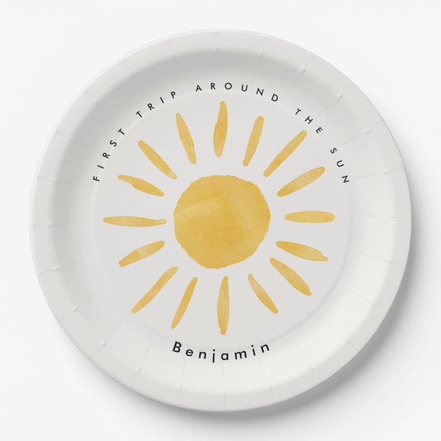 sunshine 1st birthday watercolor sun  paper plate (Front)