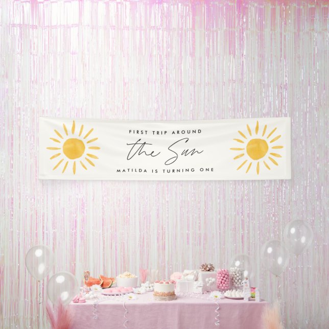 sunshine 1st birthday watercolor sun yellow modern banner (Party)