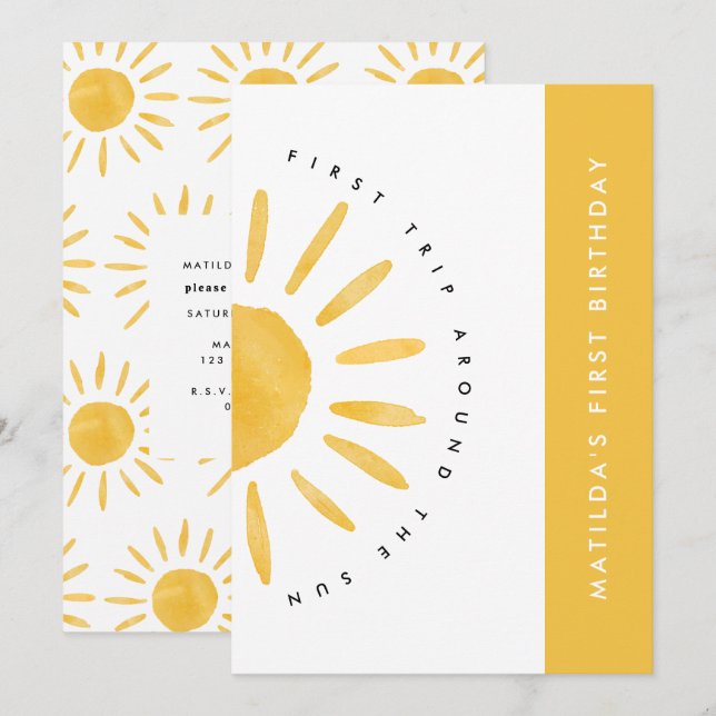 sunshine 1st birthday watercolor sun yellow modern invitation (Front/Back)