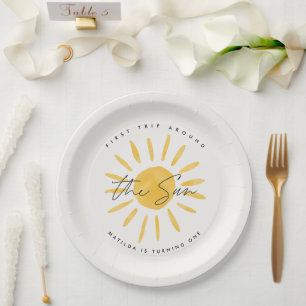 sunshine 1st birthday watercolor sun yellow modern paper plate