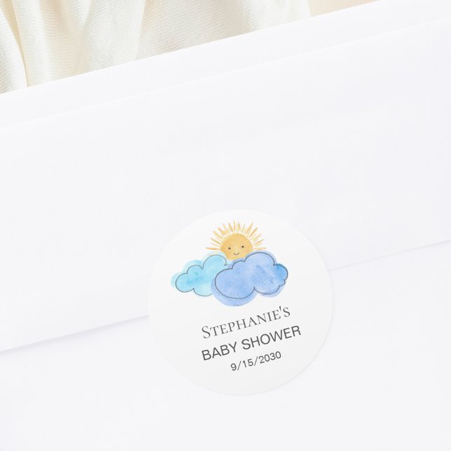 Sunshine And Clouds Boy's Baby Shower Classic Round Sticker (Creator Uploaded)