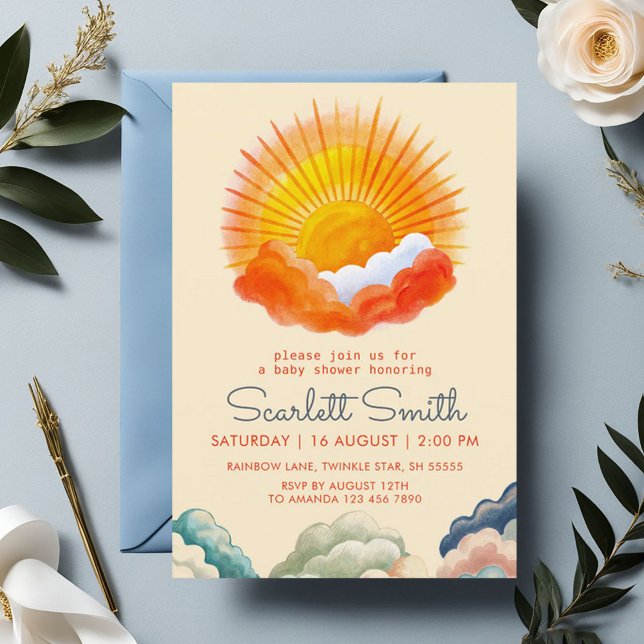 Sunshine and Clouds Yellow Grey Retro Baby Shower Invitation (Creator Uploaded)