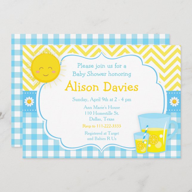 Sunshine and Lemonade Blue and Yellow Baby Shower Invitation (Front/Back)