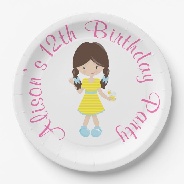 Sunshine and Lemonade Brunette Girl Paper Plate (Front)