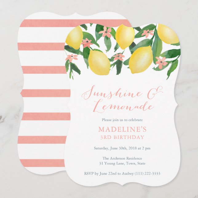 Sunshine and Lemonade Lemons Girl Birthday Party Invitation (Front/Back)