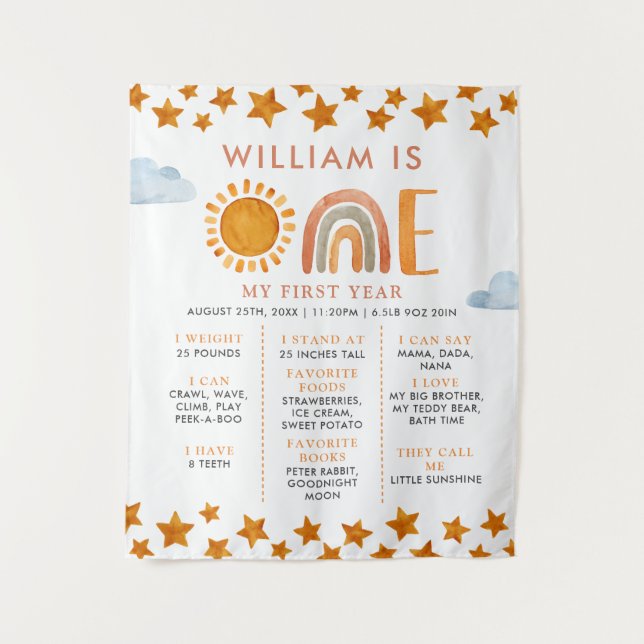 Sunshine and Rainbow 1st Birthday Milestone Board  Tapestry (Front)