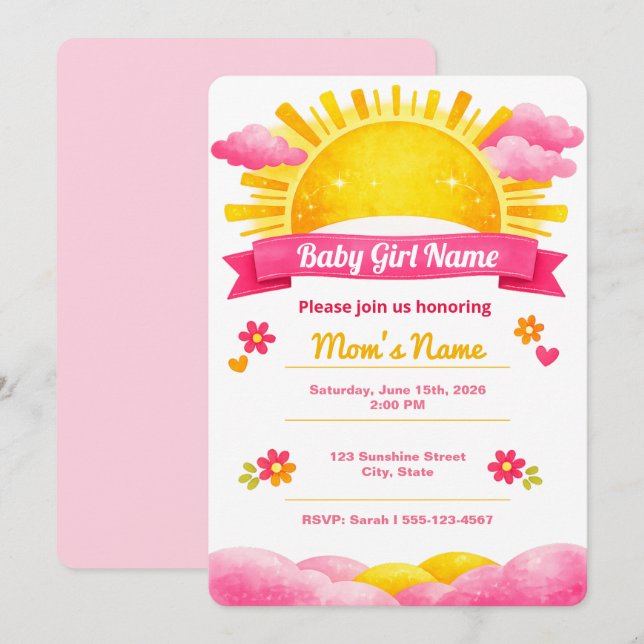 Sunshine Baby Girl Watercolor Shower Invitation (Front/Back)