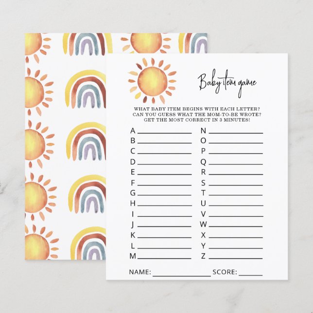 Sunshine Baby Item Game. Baby Shower Game (Front/Back)
