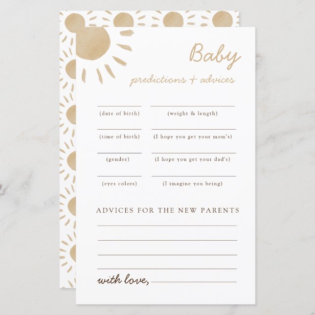 Sunshine baby shower advice and predictions game (Front/Back)
