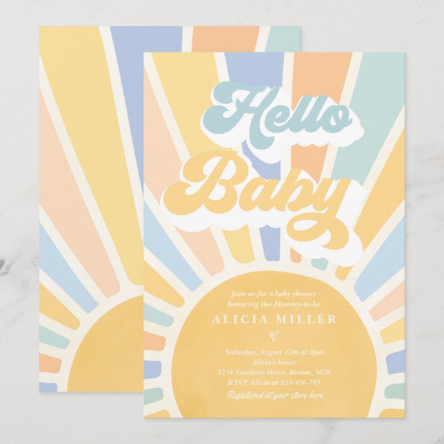 Sunshine Baby Shower Boho Blue Rainbow Sunshine Invitation (Front/Back)