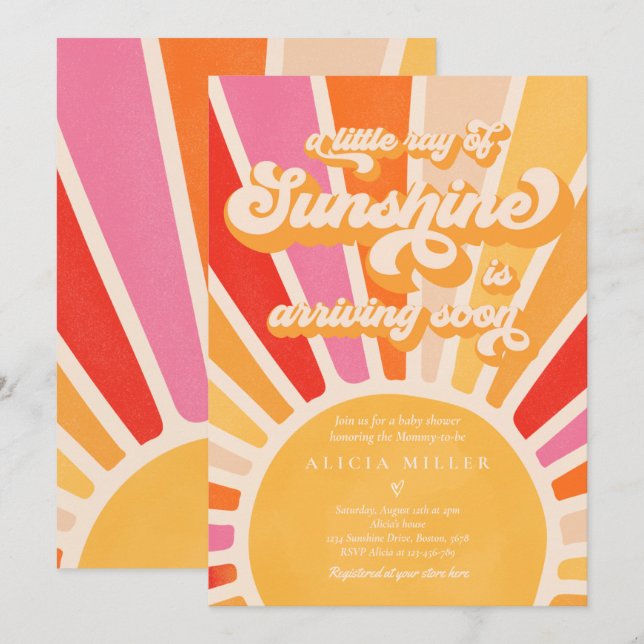 Sunshine Baby Shower Boho Retro Pink Sunshine Invitation (Front/Back)