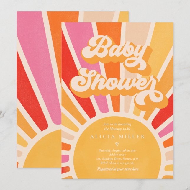 Sunshine Baby Shower Boho Retro Pink Sunshine Invitation (Front/Back)