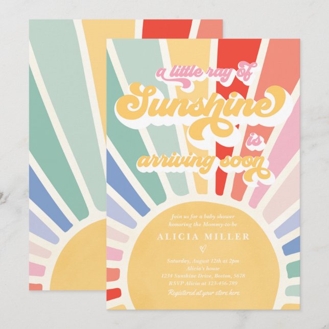 Sunshine Baby Shower Boho Retro Rainbow Sunshine Invitation (Front/Back)