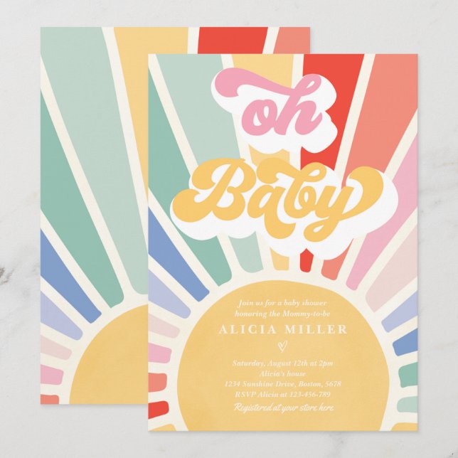 Sunshine Baby Shower Boho Retro Rainbow Sunshine Invitation (Front/Back)