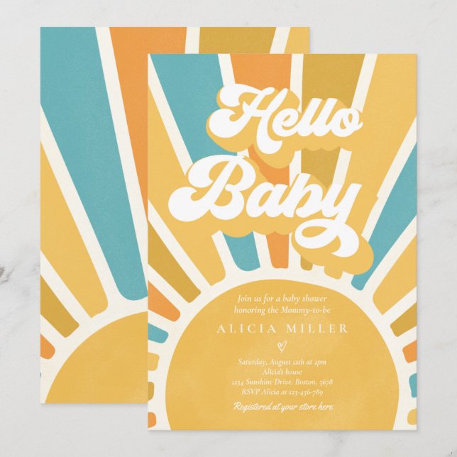 Sunshine Baby Shower Boho Retro Yellow Sunshine Invitation (Front/Back)