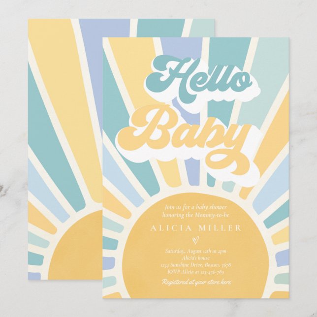 Sunshine Baby Shower Boho Retro Yellow Sunshine Invitation (Front/Back)