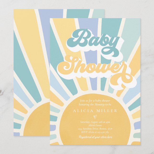 Sunshine Baby Shower Boho Retro Yellow Sunshine Invitation (Front/Back)