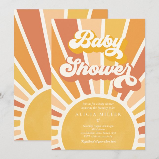 Sunshine Baby Shower Boho Retro Yellow Sunshine Invitation (Front/Back)