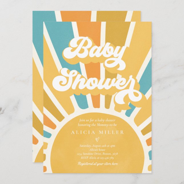 Sunshine Baby Shower Boho Retro Yellow Sunshine Invitation (Front/Back)