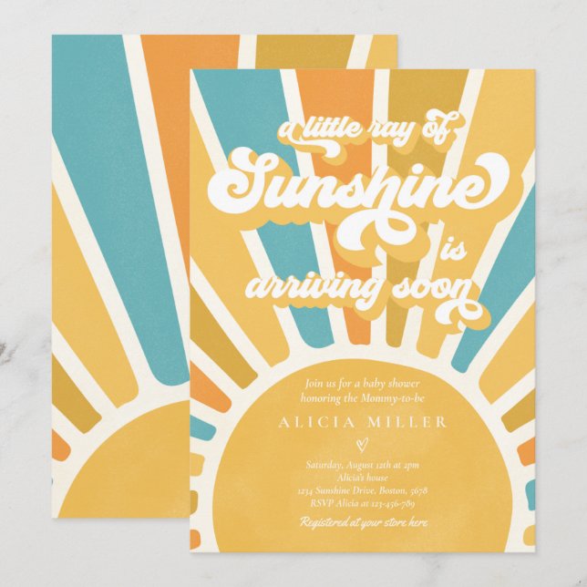 Sunshine Baby Shower Boho Retro Yellow Sunshine Invitation (Front/Back)