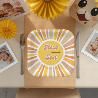 Sunshine Baby Shower Boho Retro Yellow Sunshine Paper Plate