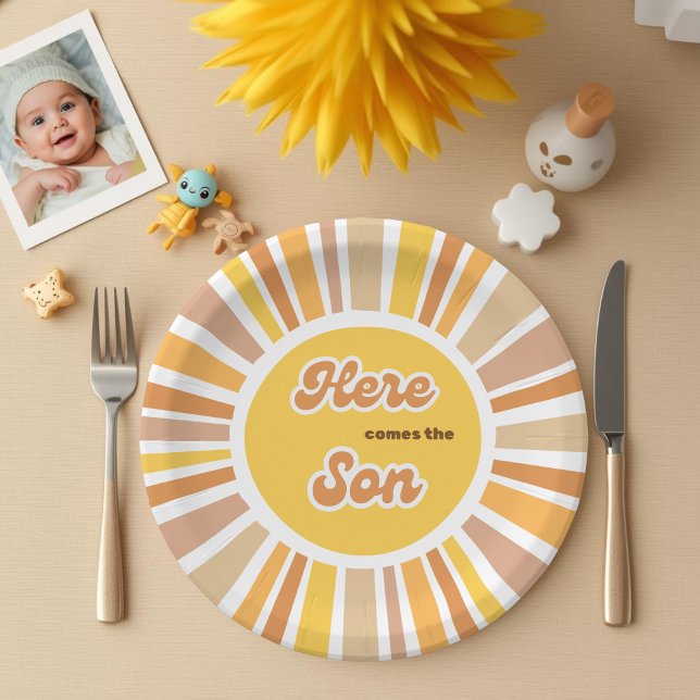 Sunshine Baby Shower Boho Retro Yellow Sunshine Paper Plate (Creator Uploaded)