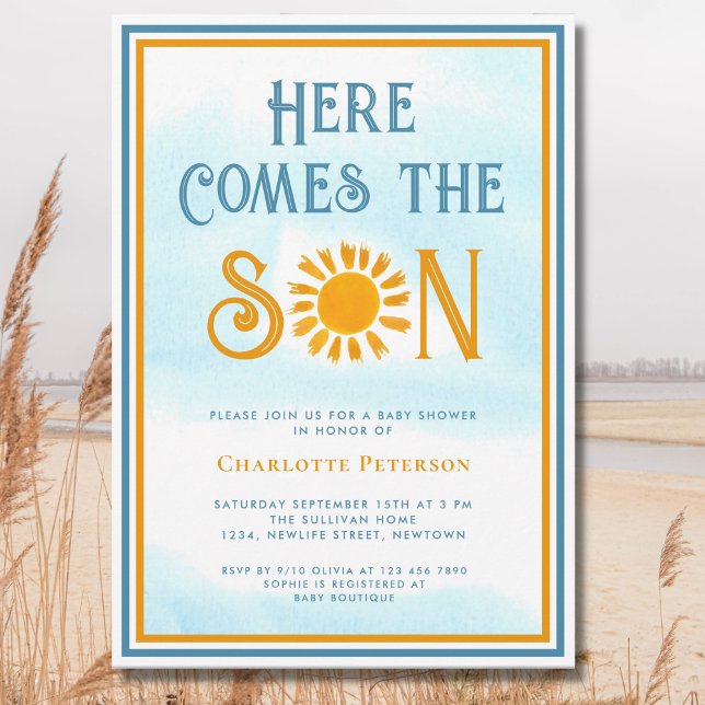 Sunshine Baby Shower Here Come The Son Invitation (Creator Uploaded)