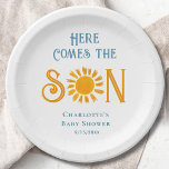 Sunshine Baby Shower Here Come The Son  Paper Plate<br><div class="desc">Cute sunshine themed baby shower paper plate featuring a watercolor illustration of a yellow sun and "Here comes the Son" in stylish retro blue typography. Perfect for a boy's baby shower.
Easily customisable. 
Original Watercolor © Michele Davies.</div>