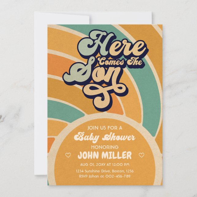 Sunshine Baby Shower Here Come The Son Retro Invitation (Front)