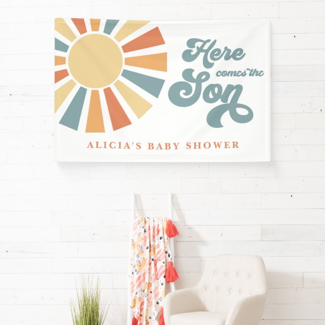 Sunshine Baby Shower Here Come The Son Yellow Rays Banner (Insitu)