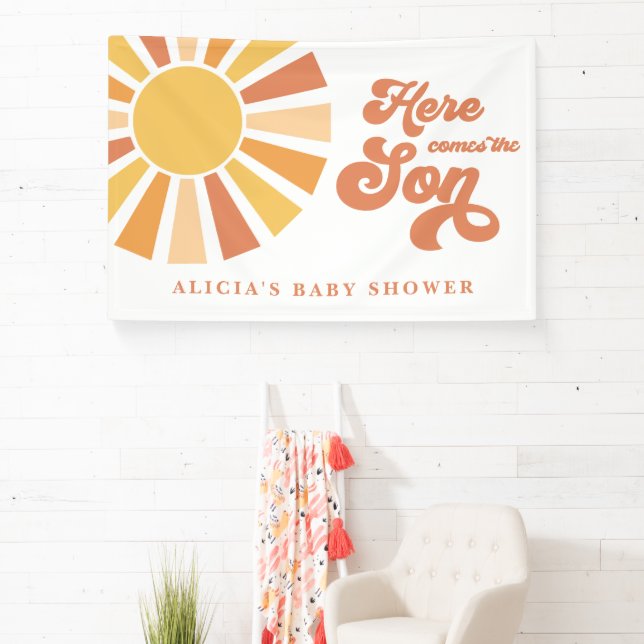 Sunshine Baby Shower Here Come The Son Yellow Rays Banner (Insitu)