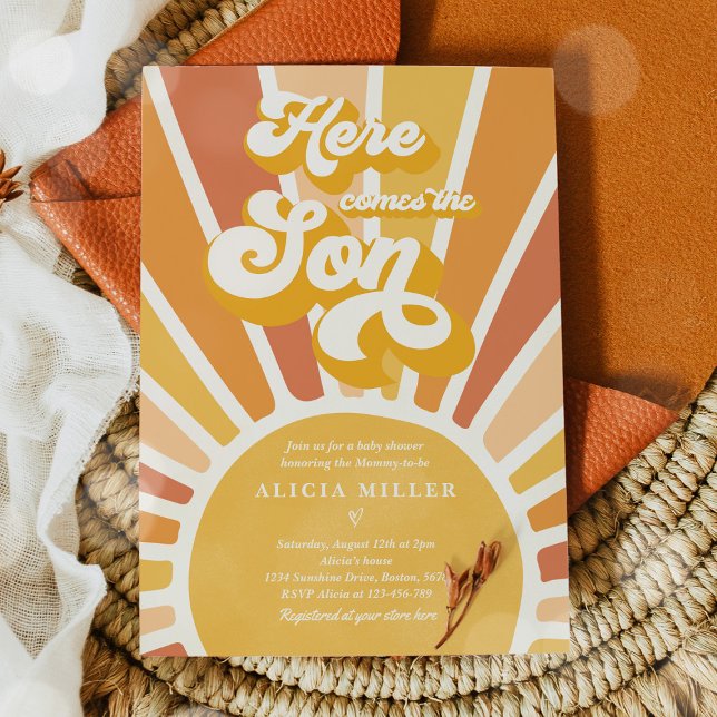 Sunshine Baby Shower Here Come The Son Yellow Rays Invitation (Creator Uploaded)