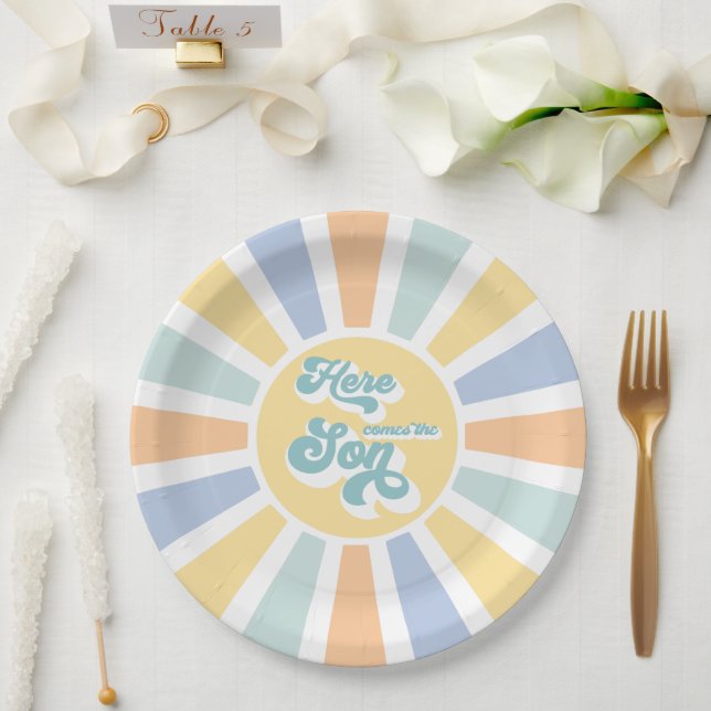 Sunshine Baby Shower Here Come The Son Yellow Rays Paper Plate (Wedding)