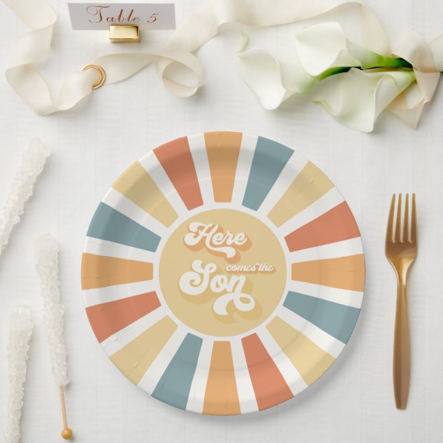 Sunshine Baby Shower Here Come The Son Yellow Rays Paper Plate (Wedding)