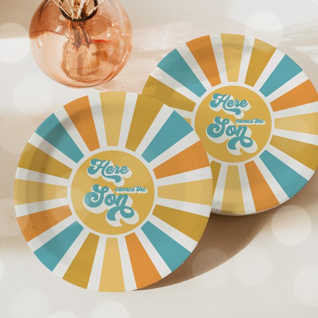 Sunshine Baby Shower Here Come The Son Yellow Rays Paper Plate (Creator Uploaded)