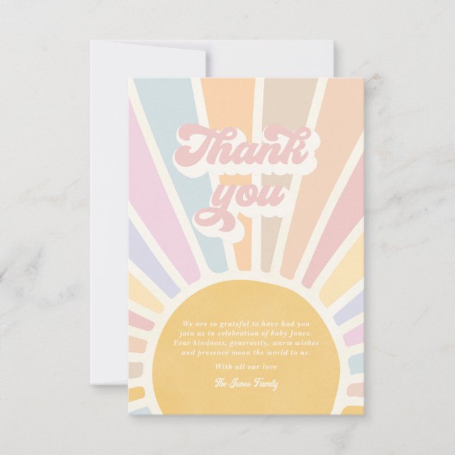 Sunshine Baby Shower Here Come The Sun Pink Rays Thank You Card (Front)