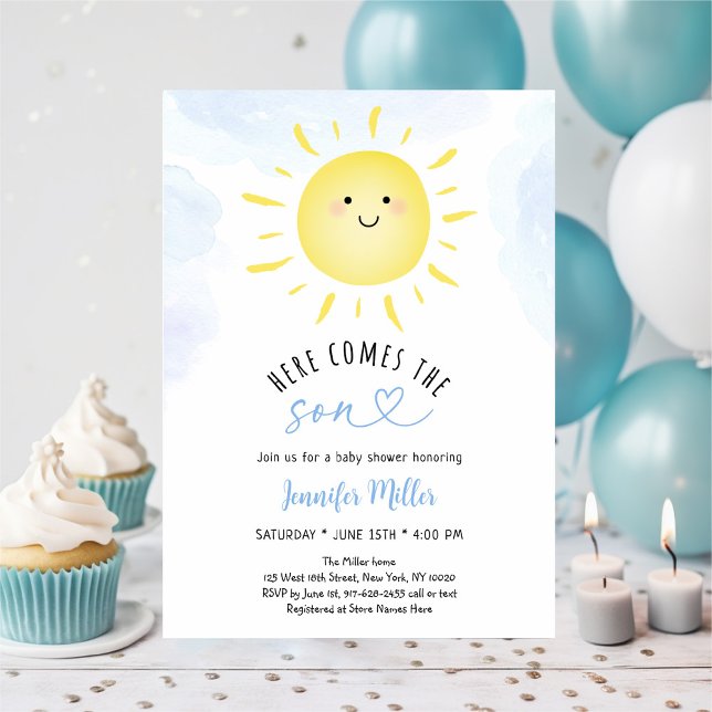 Sunshine Baby Shower Here Comes The Son Blue Invitation (Creator Uploaded)