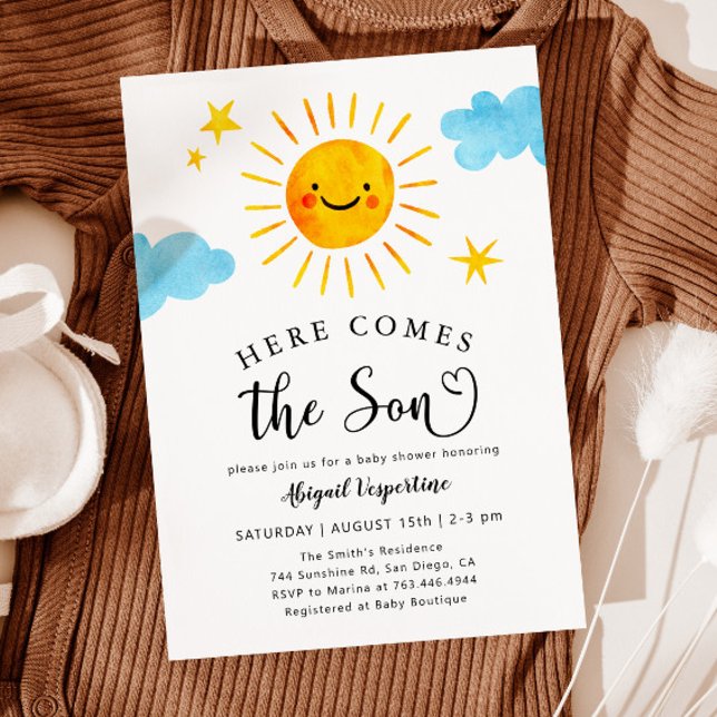 Sunshine Baby Shower Here Comes the Son Invitation (Creator Uploaded)