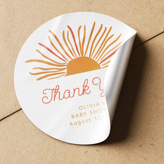 Sunshine baby shower here comes the son thank you classic round sticker (Creator Uploaded)
