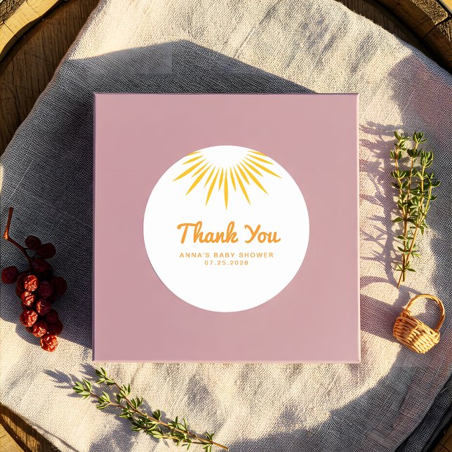 Sunshine Baby Shower Minimalist Thank You Classic Round Sticker (Creator Uploaded)