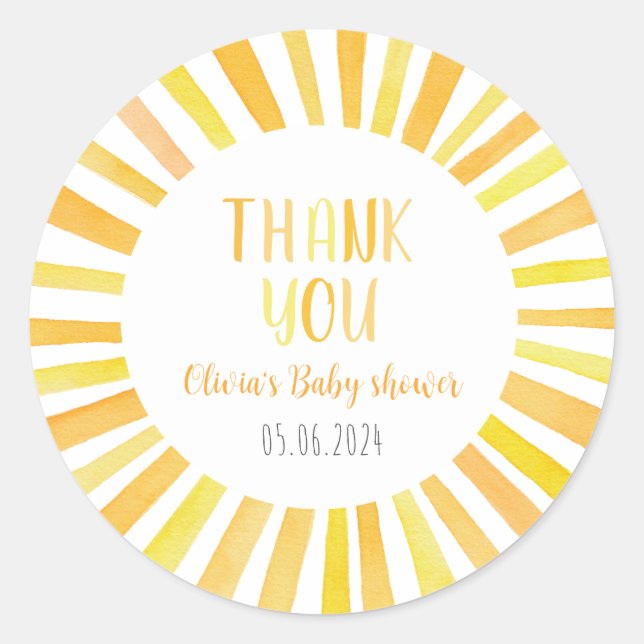 Sunshine Baby Shower Thank You  Classic Round Sticker (Front)