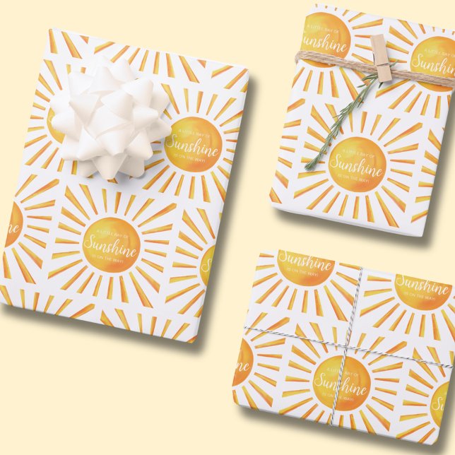 Sunshine Baby Shower Wrapping Paper Sheet (Sunshine baby shower gift wrap sheets with "A Little Ray of Sunshine if on the way text")