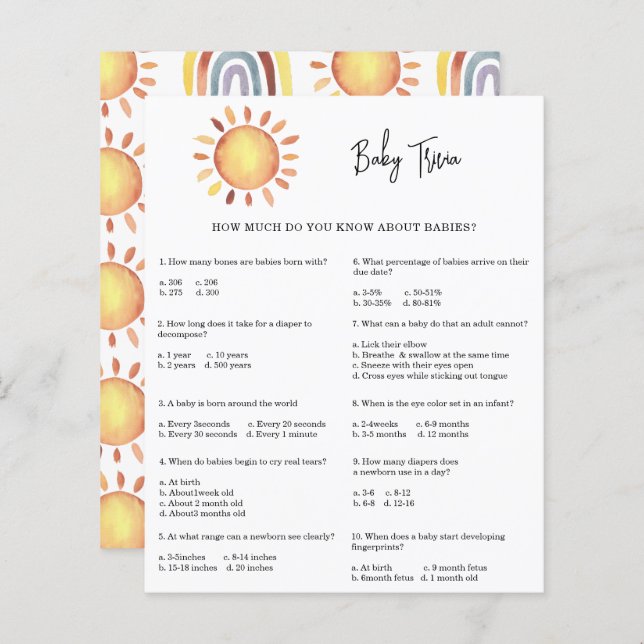 Sunshine Baby Trivia | Baby Shower Game (Front/Back)