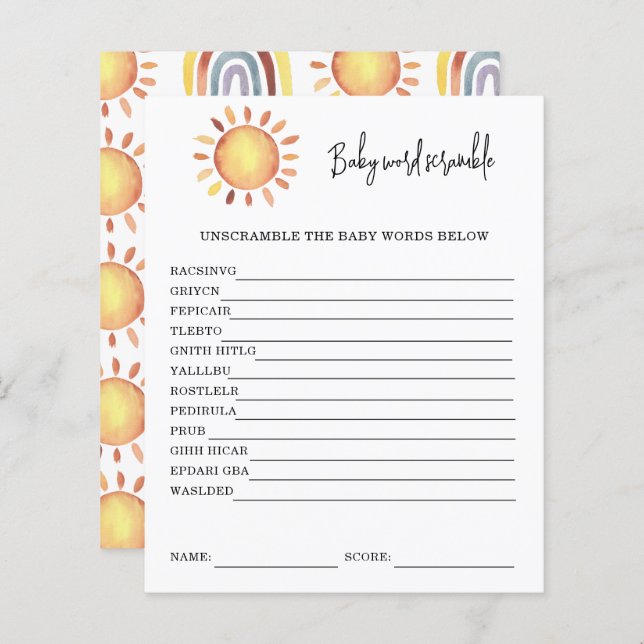 Sunshine Baby Word Scramble | Baby Shower Game (Front/Back)