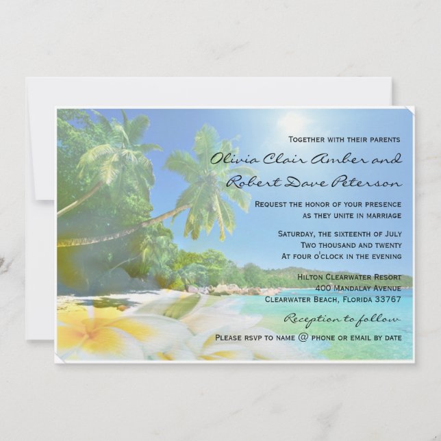 Sunshine Beach Palm Trees Plumerias Wedding Invite (Front)