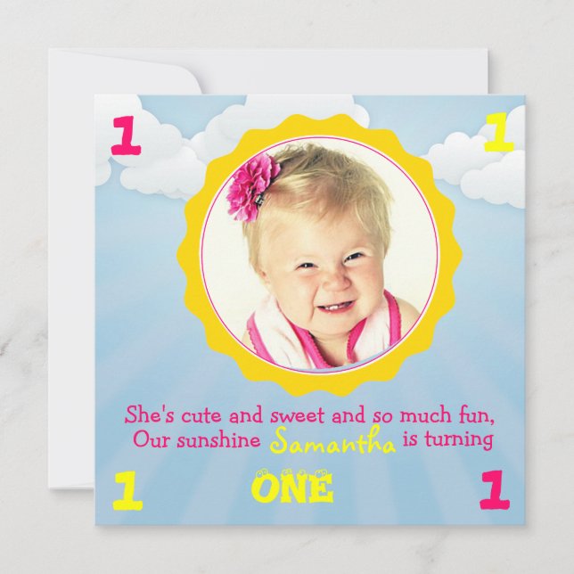 Sunshine Birthday Invite Pink & Yellow (Front)