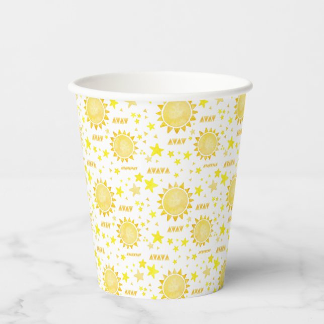 Sunshine Birthday Party Paper Cups – Boho Little S (Front)