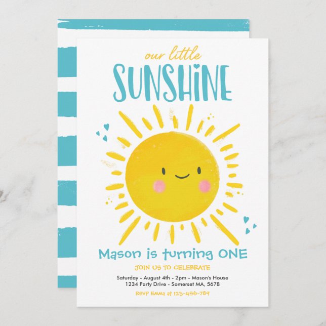 Sunshine Birthday Party Turquoise Little Sunshine Invitation (Front/Back)