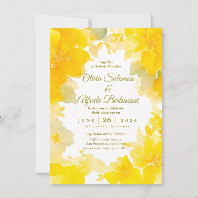 Sunshine & Blooms: Yellow Watercolor Floral  Invitation (Front)