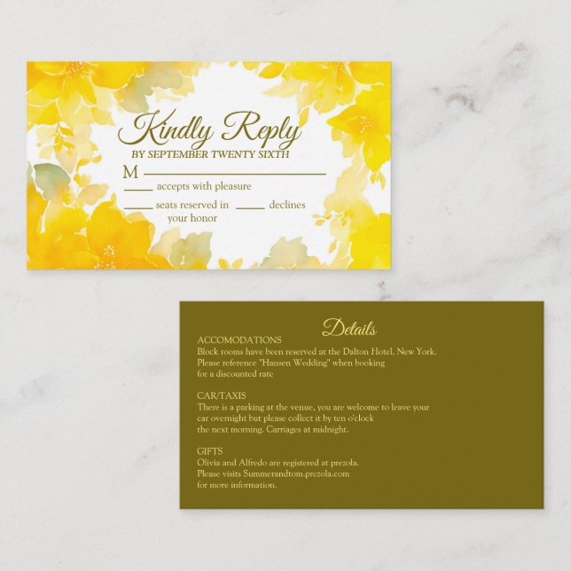 Sunshine & Blooms: Yellow Watercolor Floral RSVP Enclosure Card (Front/Back)